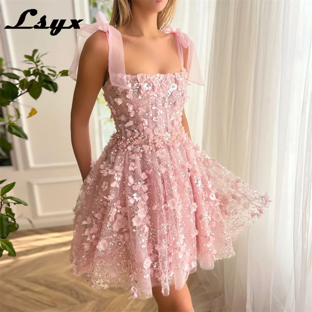 

LSYX Beading Spaghetti Straps Luxury Homecoming Dresses 2024 Sleevelss 3D Flowers A Line Lace-up Mini Prom Gown Above Knee