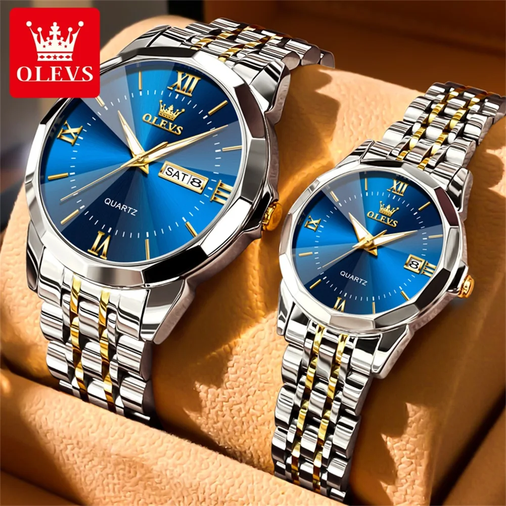 OLEVS-Montre de couple de luxe pour hommes et femmes, acier inoxydable, étanche, Shoous Date, mode, montres à quartz pour les amoureux, marque supérieure