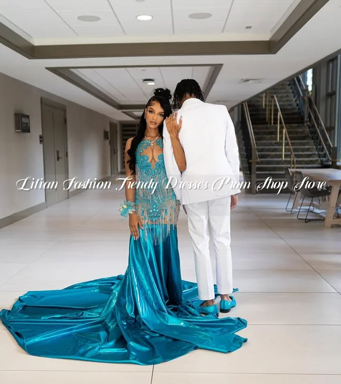 Vestido de fiesta largo de diamantes azul real de lujo 2025 exquisito apliques de borlas con cuentas de diamantes de imitación ocasión Formal personalizada