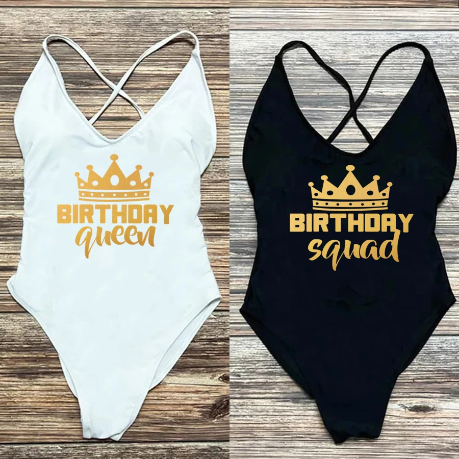 Swimwear Women Birthday Party One Piece Swimsuit Sexy Pad Bikini Swimsuits Plus Size Beachwear Summer QUEEN Bathing Suit femm