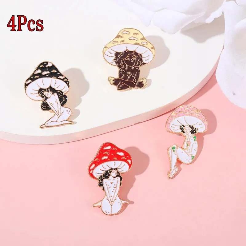 4Pcs Cute Mushroom Beautiful Girl Series Alloy Brooch Creative Pin Beautiful Mushroom Beautiful Girl Shape Baking Paint Badge