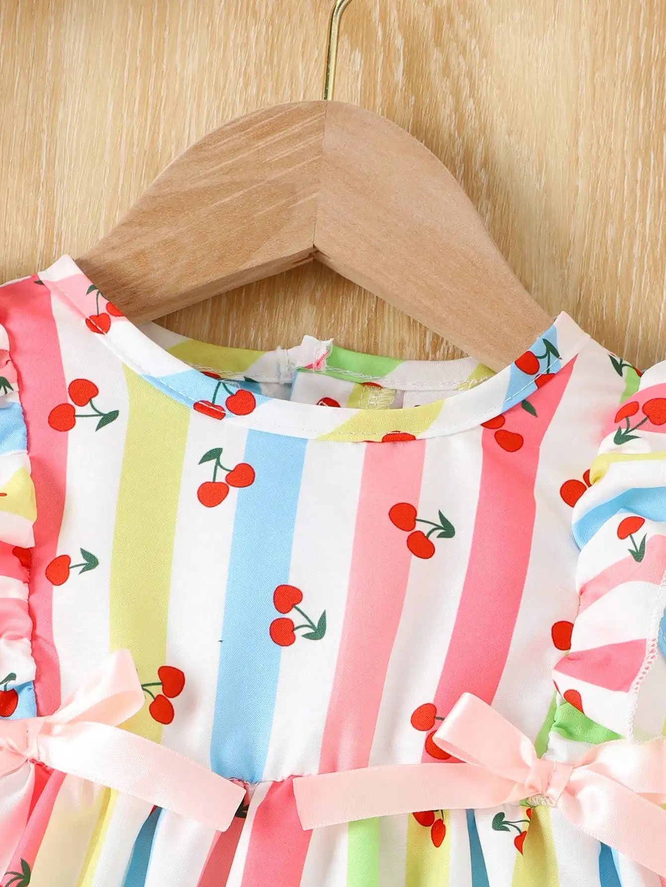 Summer baby girls casual breathable cute sweet cherry color striped print pink bow ribbon sleeveless dress