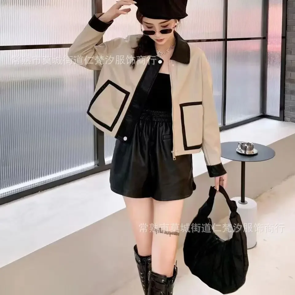 2024 Women's Color Matching Lapel PU Leather Jacket