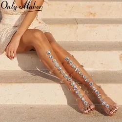 Onlymaker Women Rhinestones Ankle Strap Buckle Gem Clear Stiletto High Heels Gladiator Transparent Strip Fashion Sandals