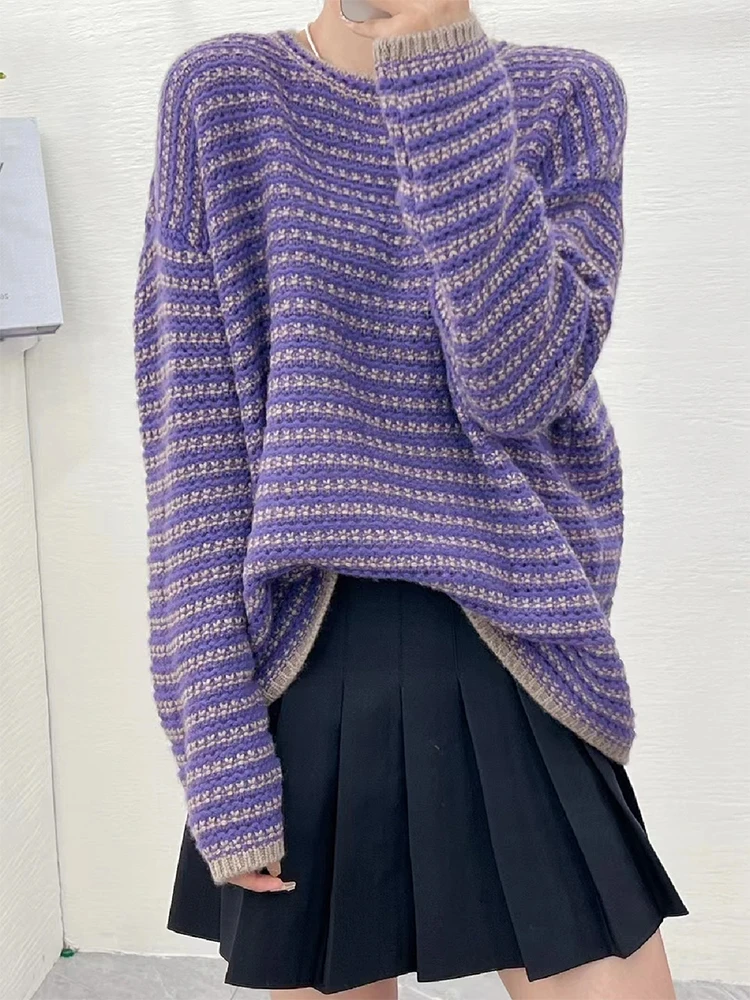 

Retro Japanese Sle Striped Knitwear Women's round Ne Pullover Sweater Color Blo Autumn Winter Faion Versatile Top