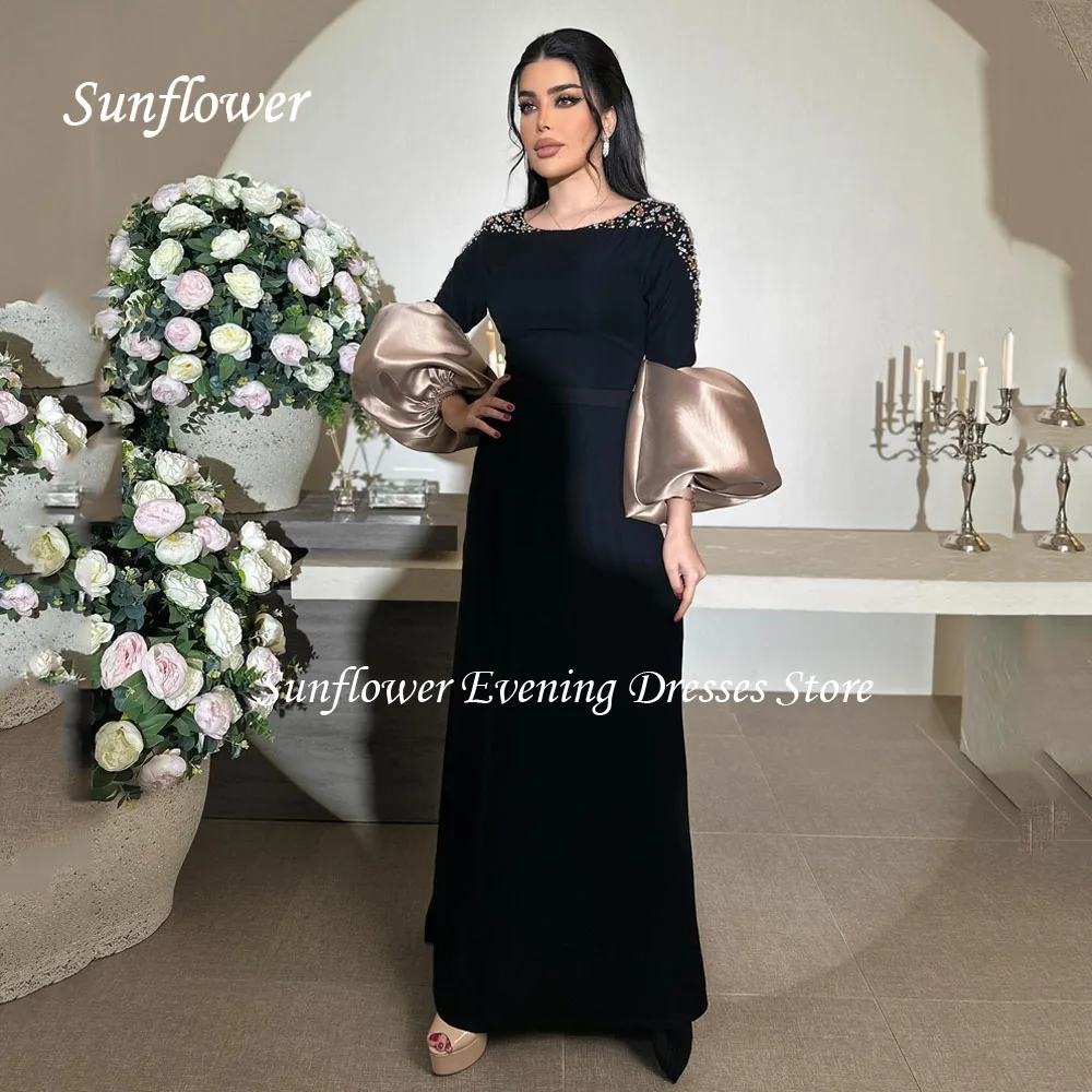 Sunflower Black Beading O-Neck Crepe Mermaid Evening Dress Saudi Arabia 2024 Slim Satin Long Sleeve Floor-Length Prom Dress