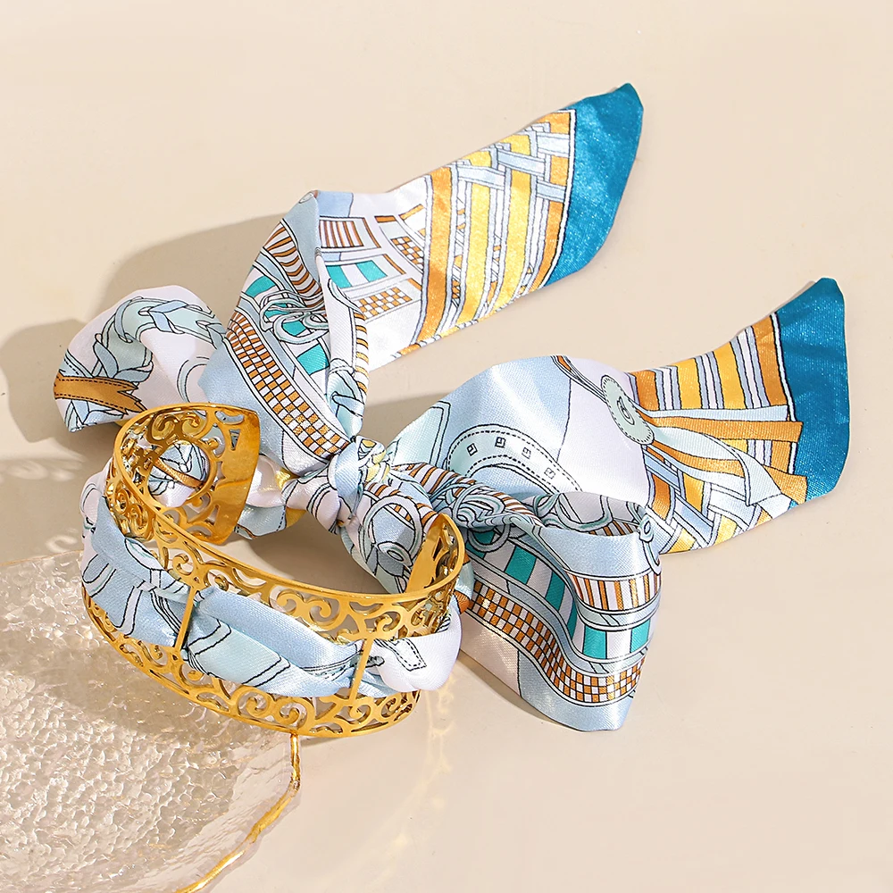 

Bohemian Ribbon Stainless Steel Open Wide Bangle for Women Retro Silk Scarf Fabric Bowknot Bracelet Jewelry Accessories Gift