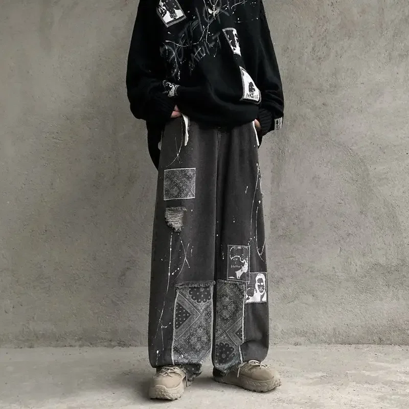 Baggy Jeans Men Women Autumn Hip-hop Patchwork Washed Trouser Streetwear Aesthetic Vintage Loose Harajuku Straight-leg Pants