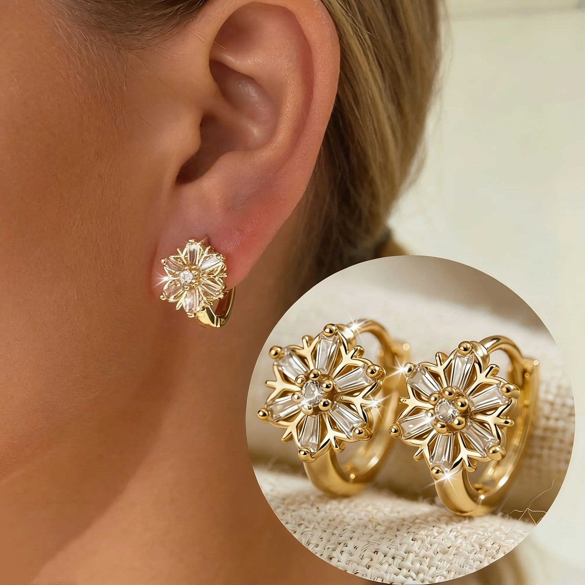 

1 Pair of Elegant And Minimalist Circle-Shaped Snowflake Design Copper Earrings, Adorned with Sparkling Synthetic Zircons, Suitable for Women'S Daily Leisure And Party Wear