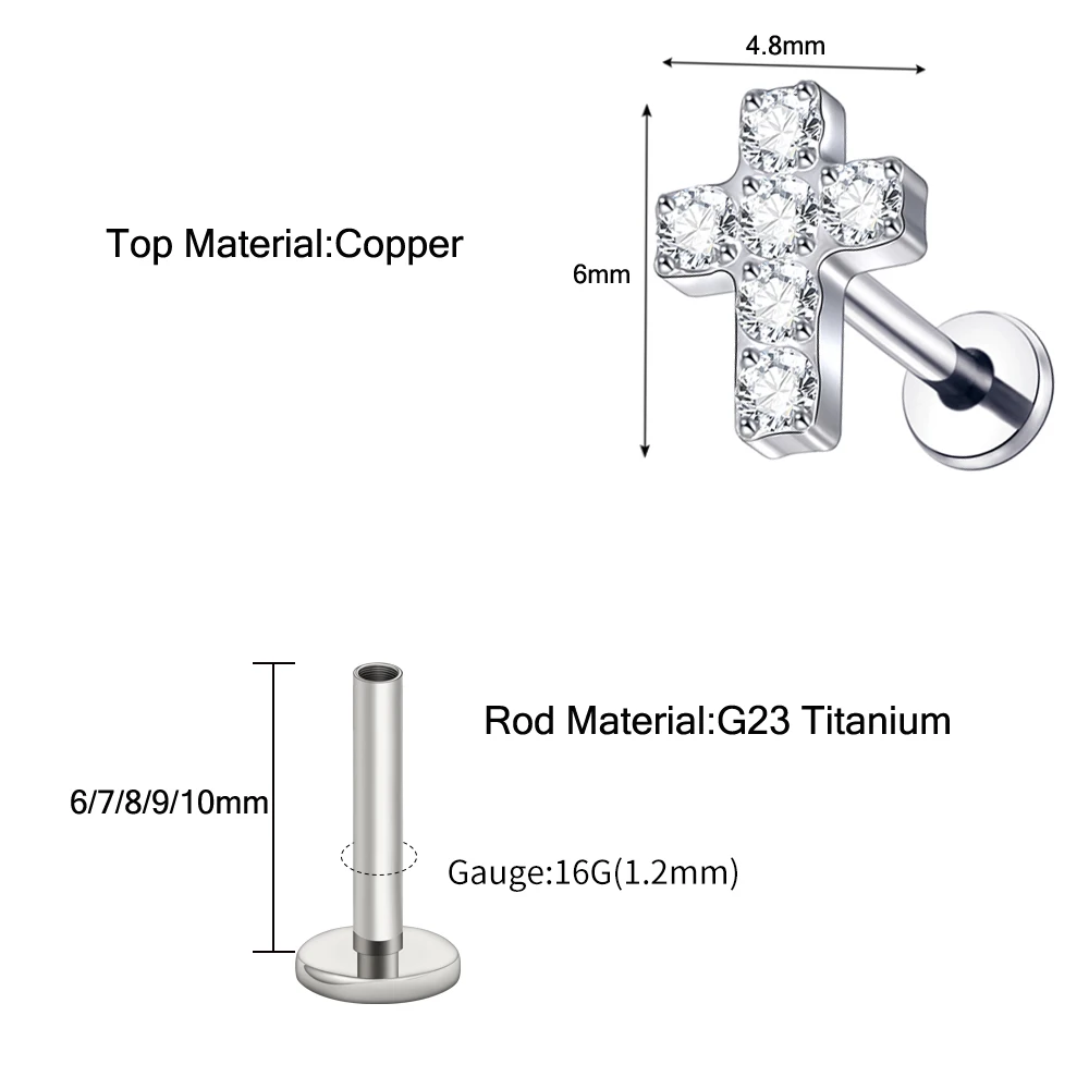 1 قطعة زرع الصف التيتانيوم Labret ثقب داخليا الخيوط شقة عودة قرط الاذن المرصع مع تشيكوسلوفاكيا معبد الصليب أعلى مجوهرات للجسم #4