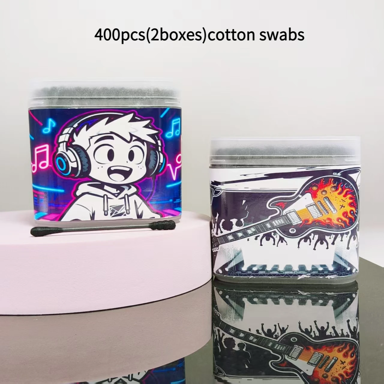 400개(2박스) 기타 음악 소년 패턴 면봉 일상 용품 검정색 양면 면봉