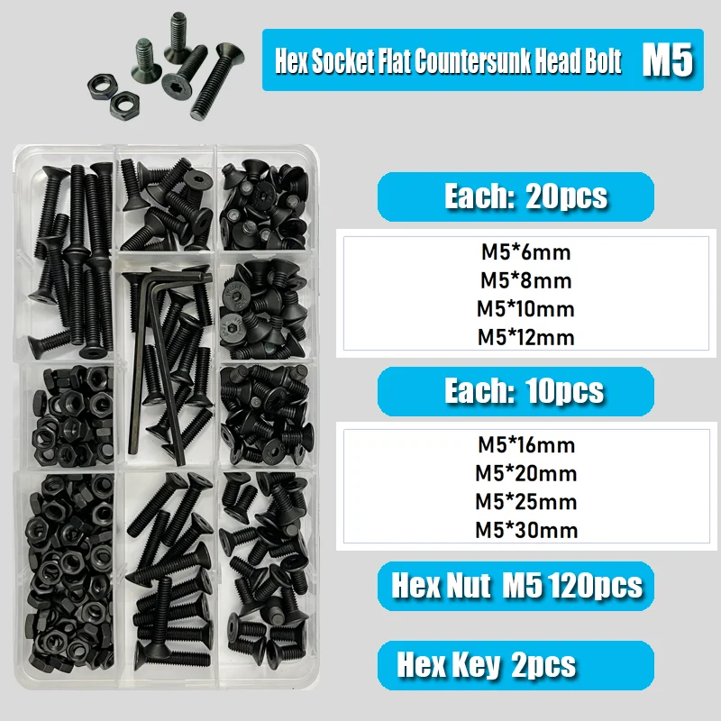 Senkkopf-Sechskantschrauben-Muttern-Set mit flachem Kopf, M2, M3, M4, M5, M6, schwarzer Stahl der Güteklasse 10,9, Innensechskant-Inbusschraube mit Senkkopf – Detail 10