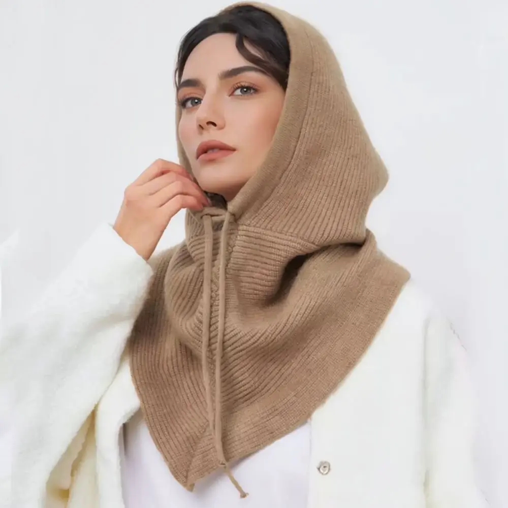 Winter Knitted Balaclava Hat With Scarf Integrated Warm Hooded Neck Warmer Windproof Soft Beanie Cap For Women Outdoor Casual