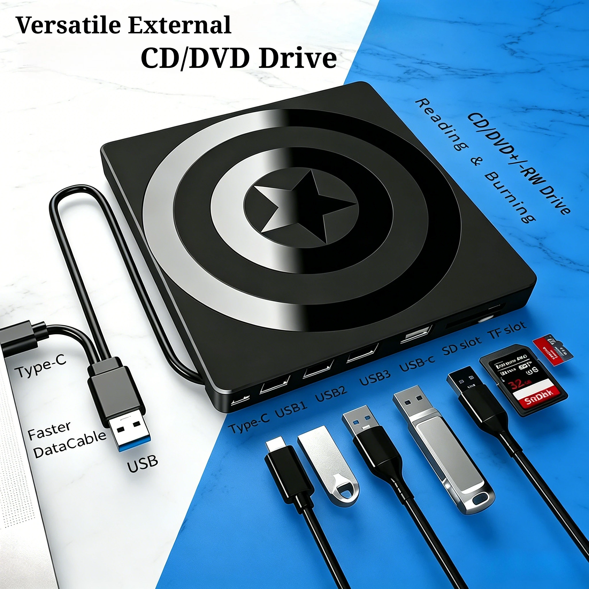 

7 In 1 USB3.0&Type C External DVD Burner CD DVD Recorder Player Writer Optical Drive Portable Reader For Laptop Desktop Notebook