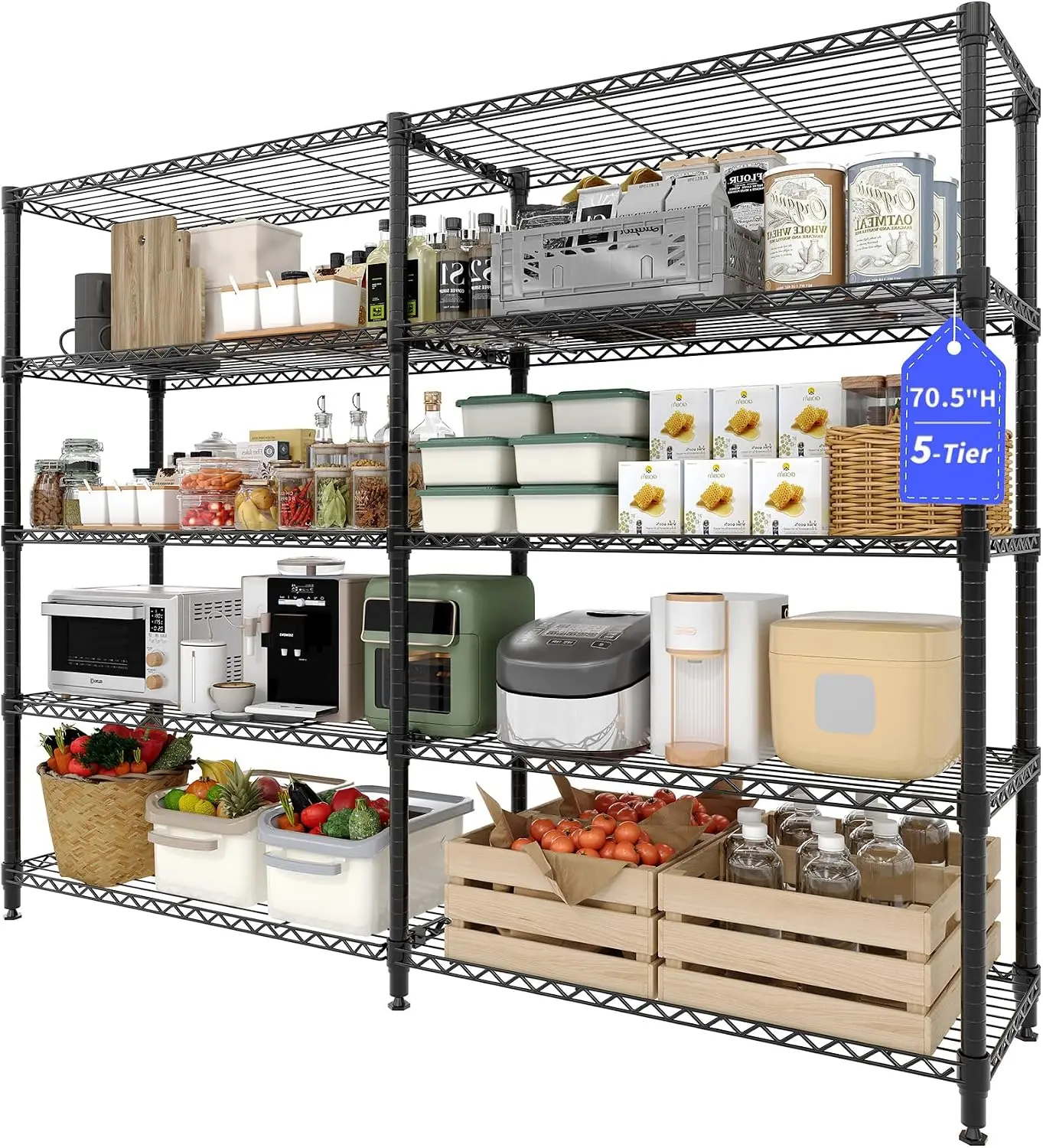 Heavy Duty 5-Tier Wire Shelving Unit (60"W X 13.8"D X 70.5"H) – H/L-Shaped Adjustable Metal Corner Rack for Kitchen, Pantry, Garage, Basement