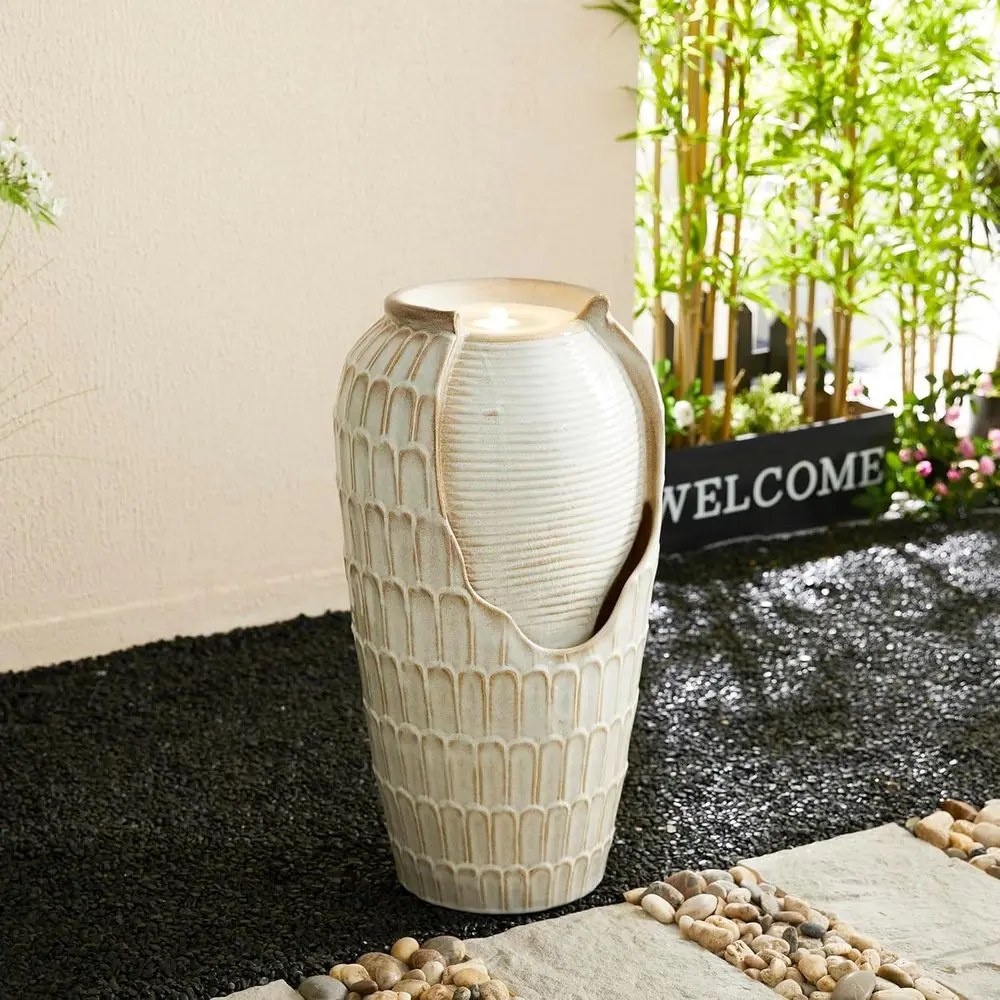 

28.25" H Oversized Ceic Petals Textured Jar Outdoor Water ountain, Vintage Sand Beige Glaze Vase Patio Garden Waterall ountain w