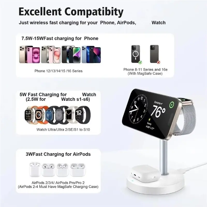 Super Deal -Magnetic 3 In 1 Wireless Charging Station For 17 16 15 14 13 Pro Max For Iwatch 10/9/8/7 Pro Fast Char