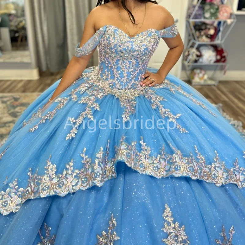 Angelsbride Off Shoulder Blue Ball Gown Quinceanera Dresses Vestidos De 15 Quinceañera Gold Sequined Princess Girl Party Dress