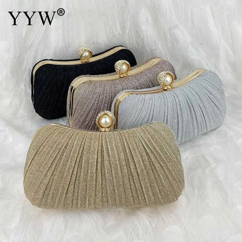 Pleated Evening Handbag Women Crossbody Ladies Day Clutch 2023 Luxury Wedding Dinner Dressed Bag Diamond Party Purse Gold