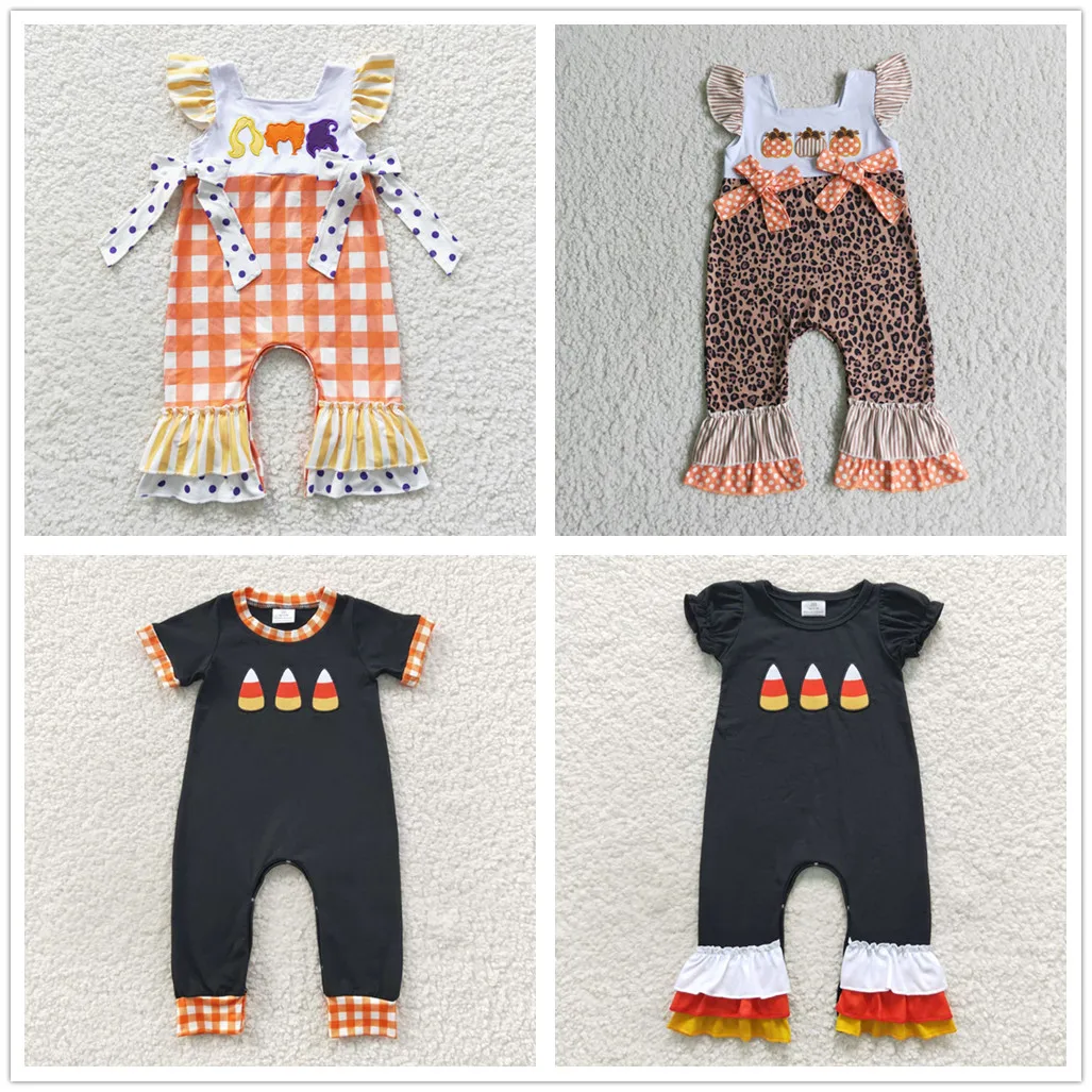 

New Arrivals Infants Fall Short Sleeve Bodysuits Newborn Boutique Halloween Onesie T​oddler Pumpkin Applique Rompers