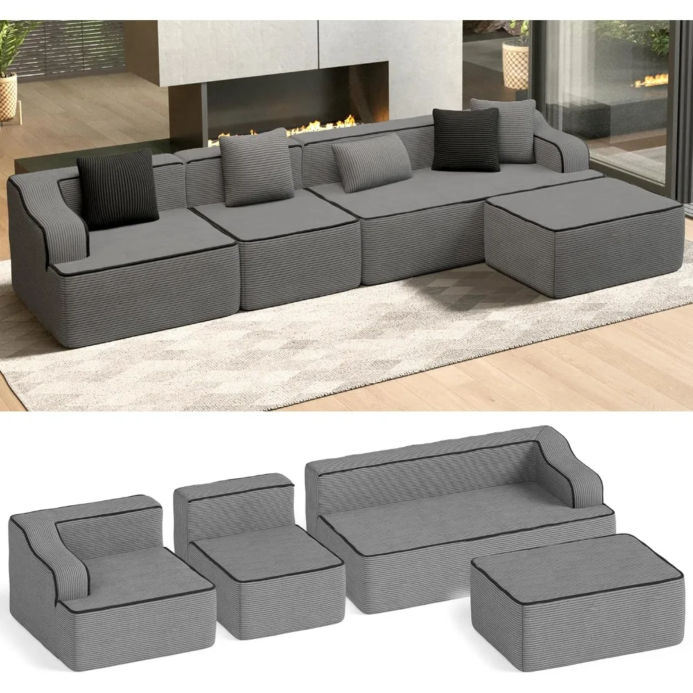 

134-inch Cloud Corner Sofa, L-shaped Modular Upholstered Sofa with Footstool, Corduroy Frameless Sofa, Wide Armrests