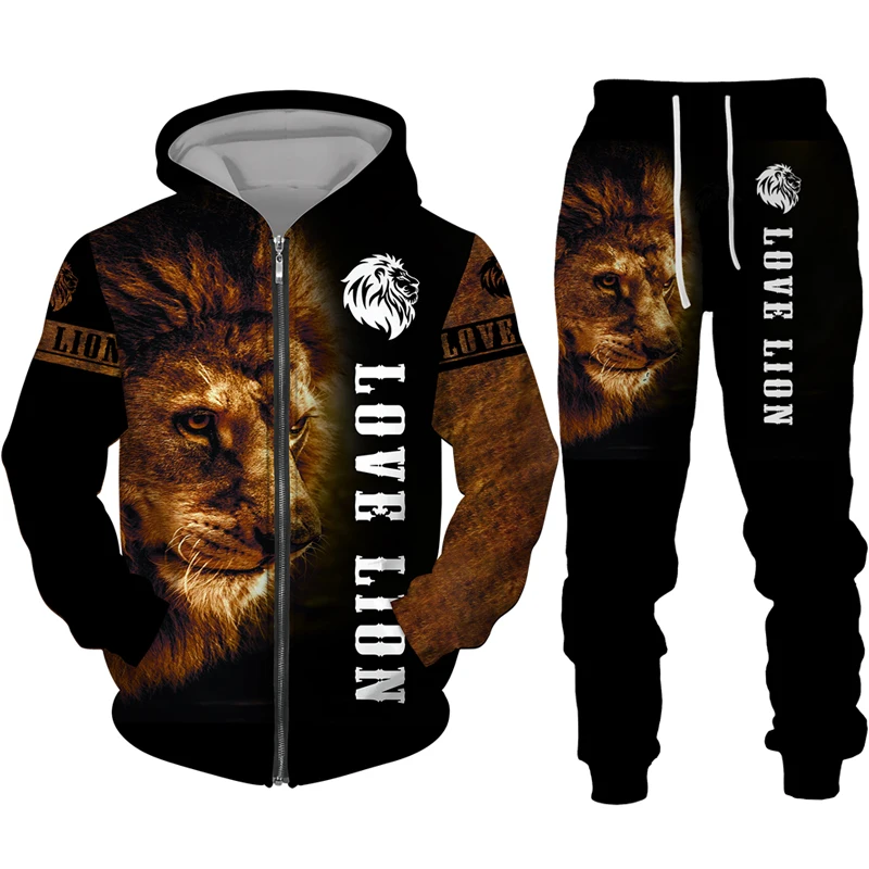 Spring and autumn men\'s zipper hoodie set 3D printed lion fashion sports casual men\'s zipper printed hoodie set fashion coat