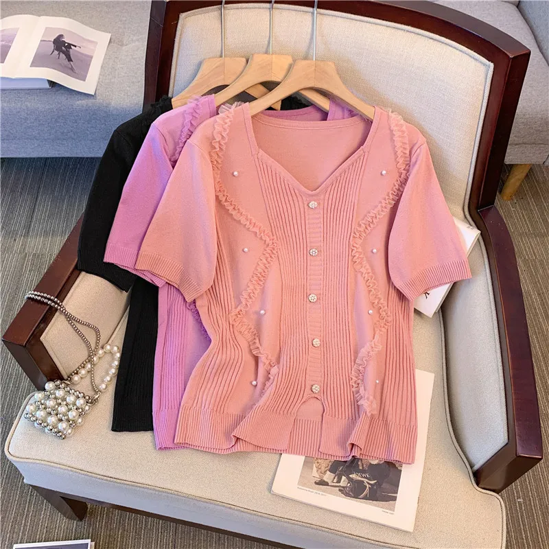 Button Beading Sweater Women Knit T-shirt Pullover Summer Short Sleeve V-neck Elegant Fashion Ladies Knitwear Jumpers Tops