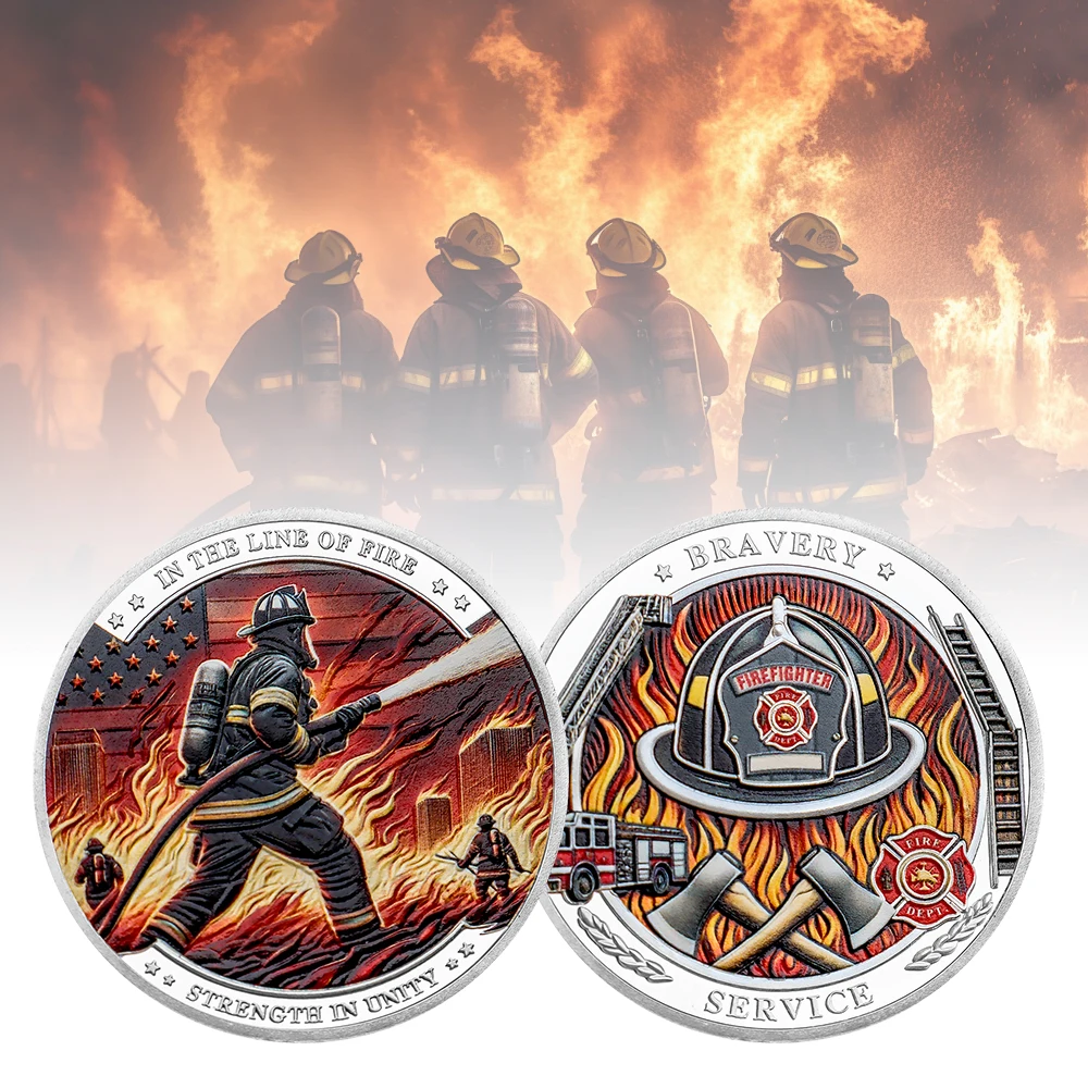 Collection Of U.S. Firefighter Pattern Commemorative Coin Round Double Plated Coins For Home Decorations Art Souvenir Gifts