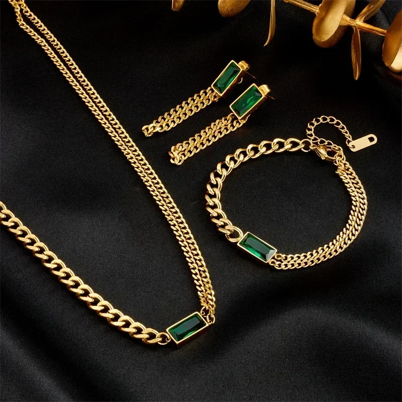 316l Stainless Steel Gold Color Chain Necklace Bracelet Earrings Rectangular Green Crystal Luxury Designer Wedding Jewelry Sets