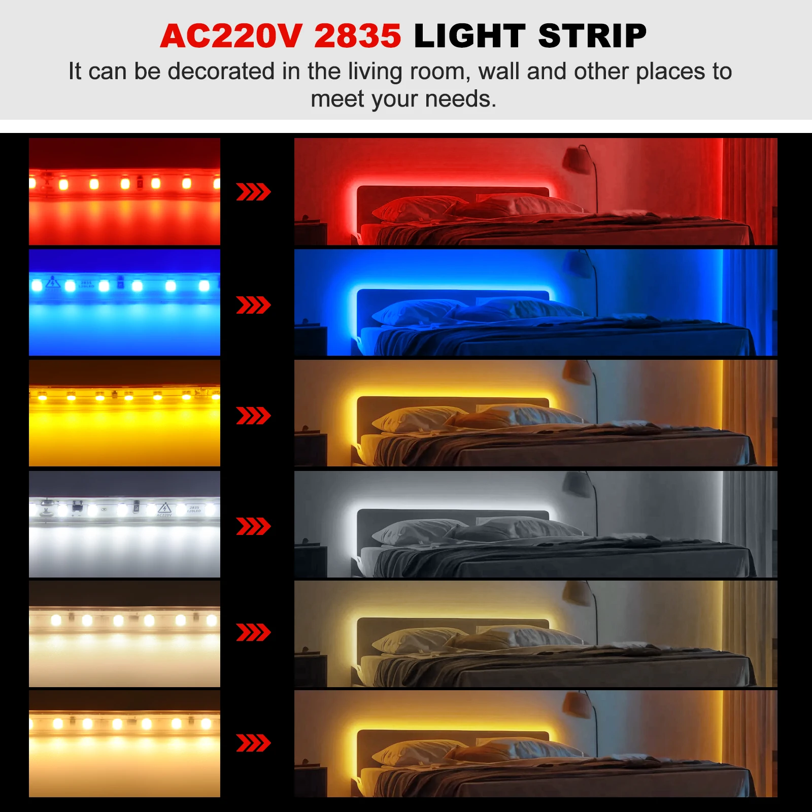 AC 220V Dimmerable LED Strip Waterproof 2835 White/Green/Red/Blue/Pink/Yellow Home Decor Self Adhesive Flex Ribbon Tape Light