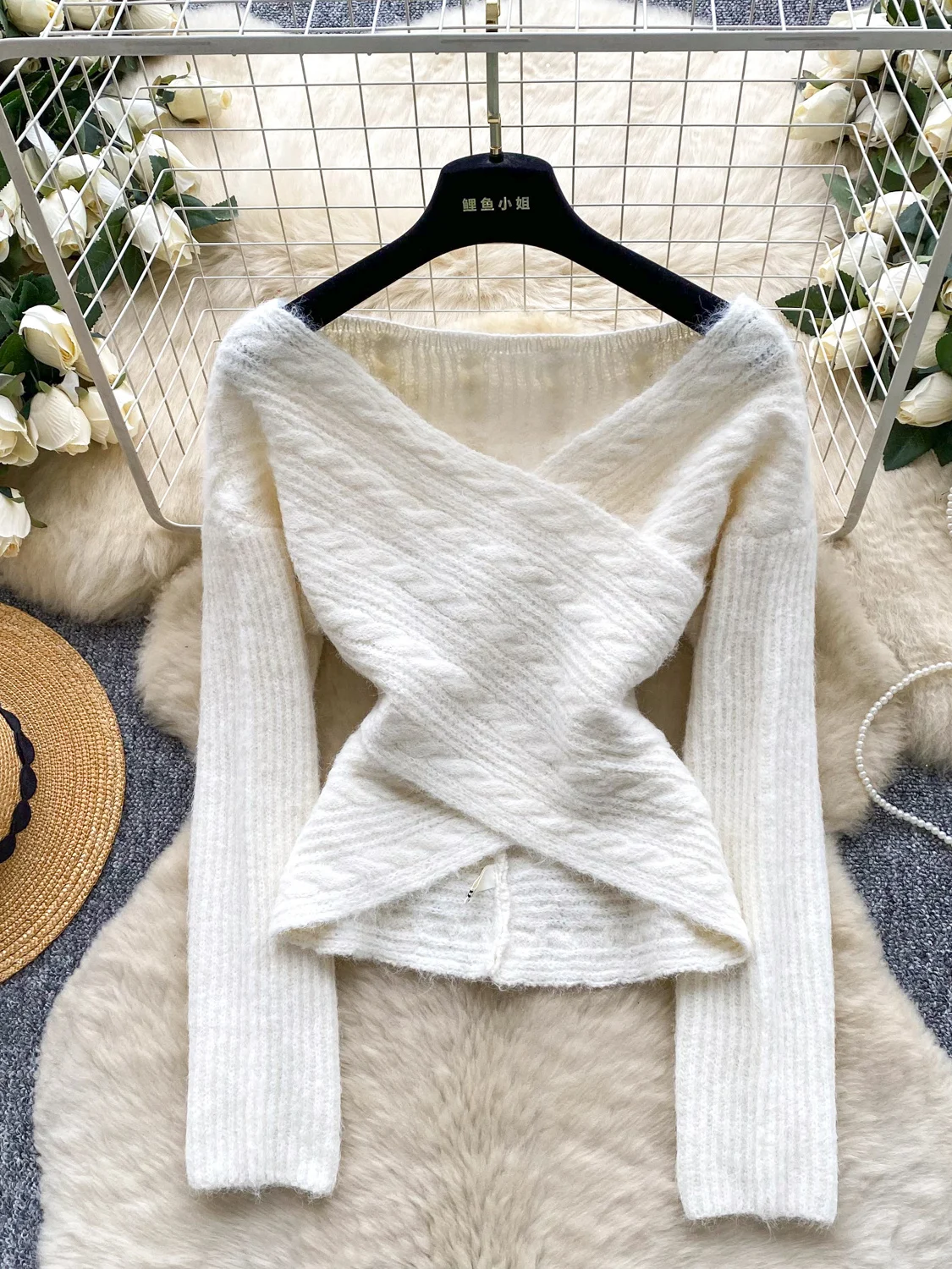 

2026 New Autumn Winter Women V-neck Long Sleeve Twisted Knitted Pullover Criss-Cross Design Irregular Solid Sweater Tops