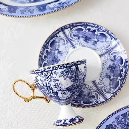 DSA retro blue and white gold-painted bone china exquisite tableware coffee cups and saucers flat plate soup pot fish plate