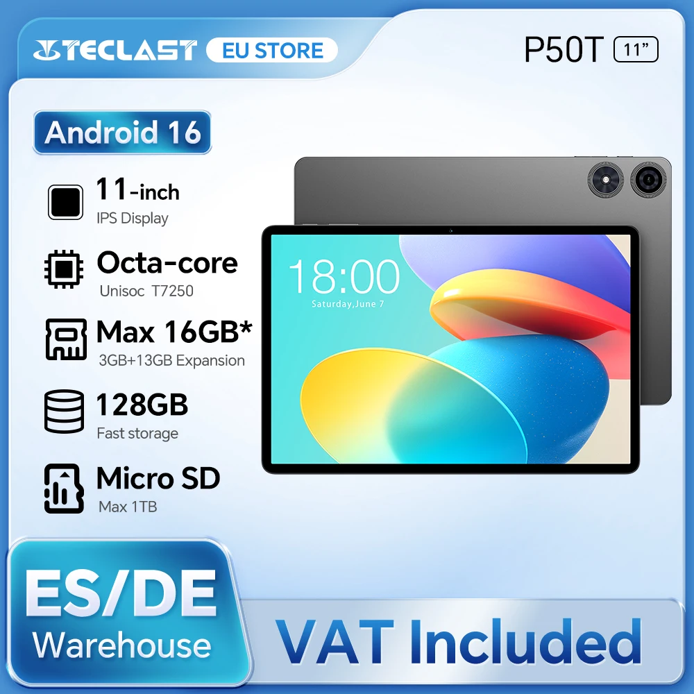 Tablet Teclast P50T Android 16 11" 90Hz Gemini AI Max 16GB(3+13) RAM 128GB ROM Unisoc T7250 8-core GPS Widevine L1 Tablet PC Type-C