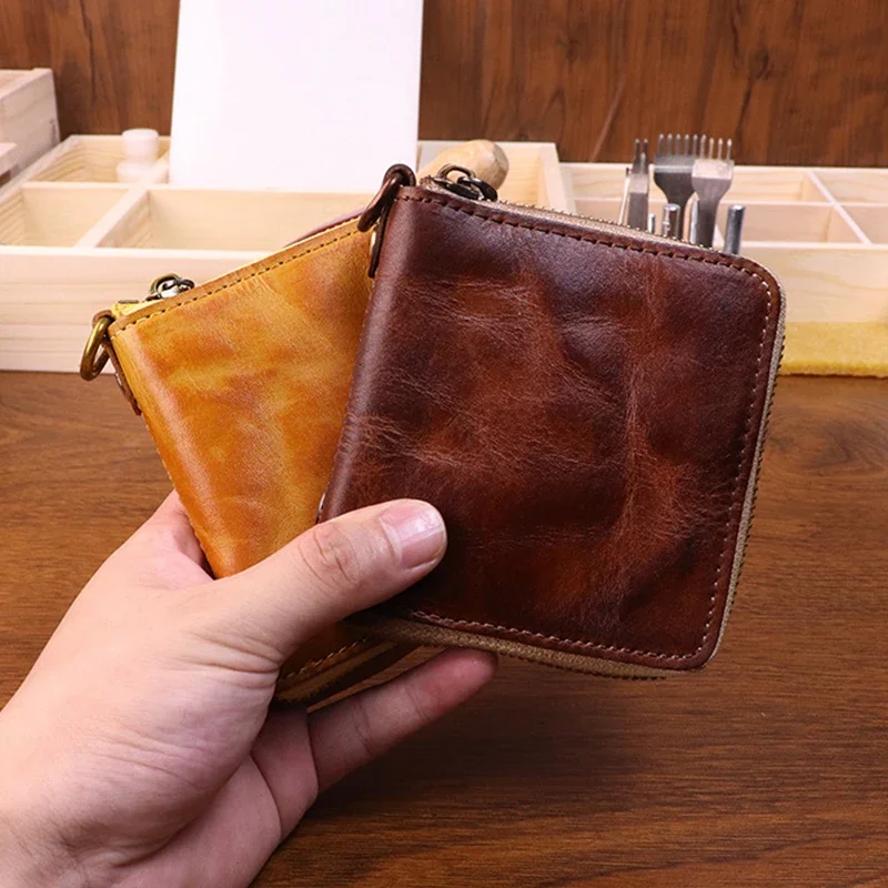 Orijinal deri cüzdan Vintage kat tasarım erkekler kısa çantalar kredi kimlik banka fermuarlı bozuk para cüzdanı hakiki deri cüzdan