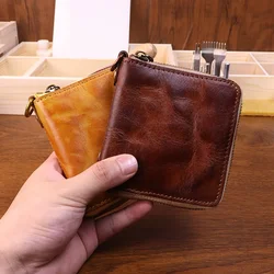 Orijinal deri cüzdan Vintage kat tasarım erkekler kısa çantalar kredi kimlik banka fermuarlı bozuk para cüzdanı hakiki deri cüzdan