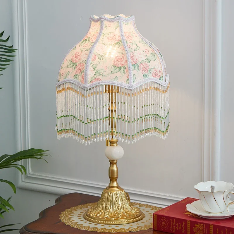 French retro bedroom fringed pastoral table lamp light luxury rose vintage living room study bedside ambient light