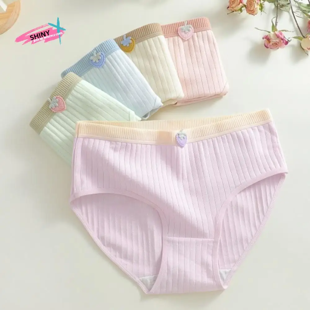 

5 шт., хлопковые трусики в эластичную полоску, милые милые трусы с клубникой, дышащее женское нижнее белье для девочек