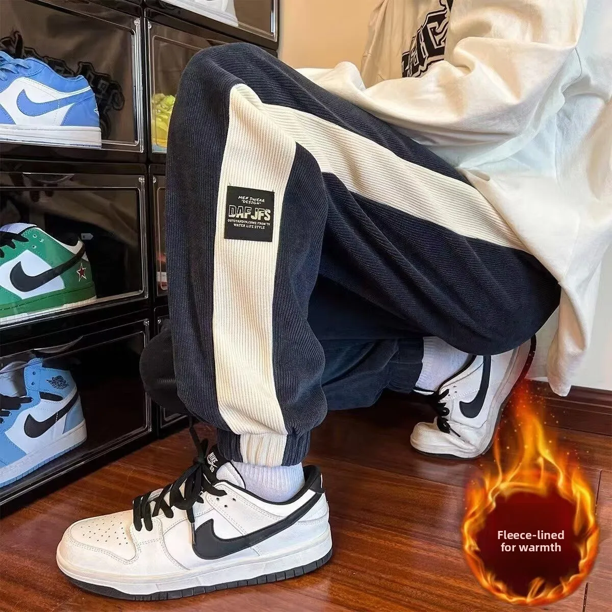 미국 트렌드 컬러 블록 코듀로이 남성용 가을 겨울 두꺼운 캐주얼 스웨트팬츠 루즈핏 엘라스틱 웨이스트 패션 브랜드