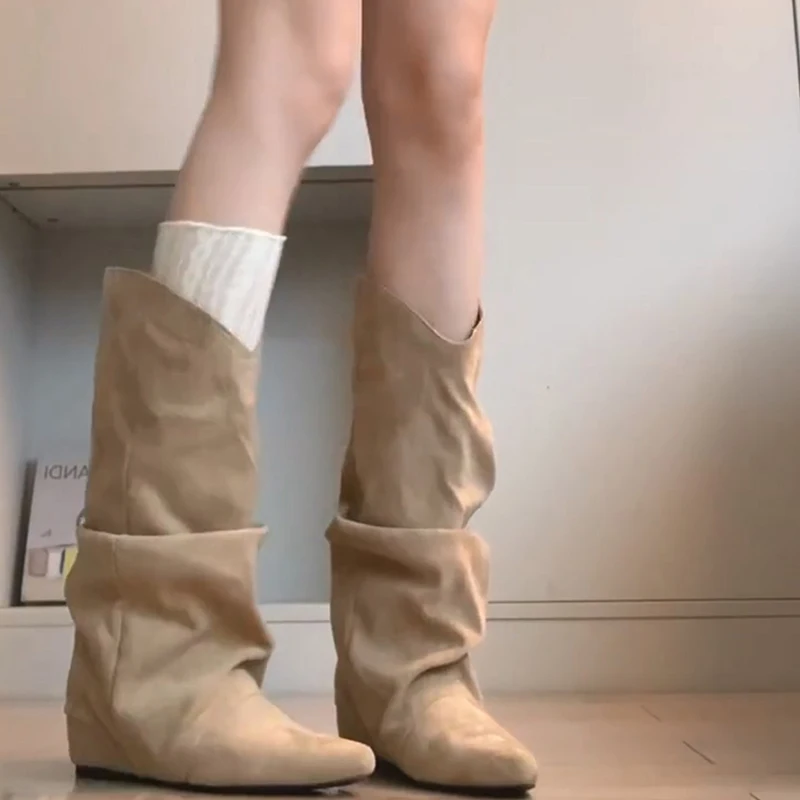 

Осенне-зимние плиссированные женские ковбойские сапоги в стиле вестерн, ботильоны без шнуровки до середины икры с внутренней высотой, Zapatos De Mujer