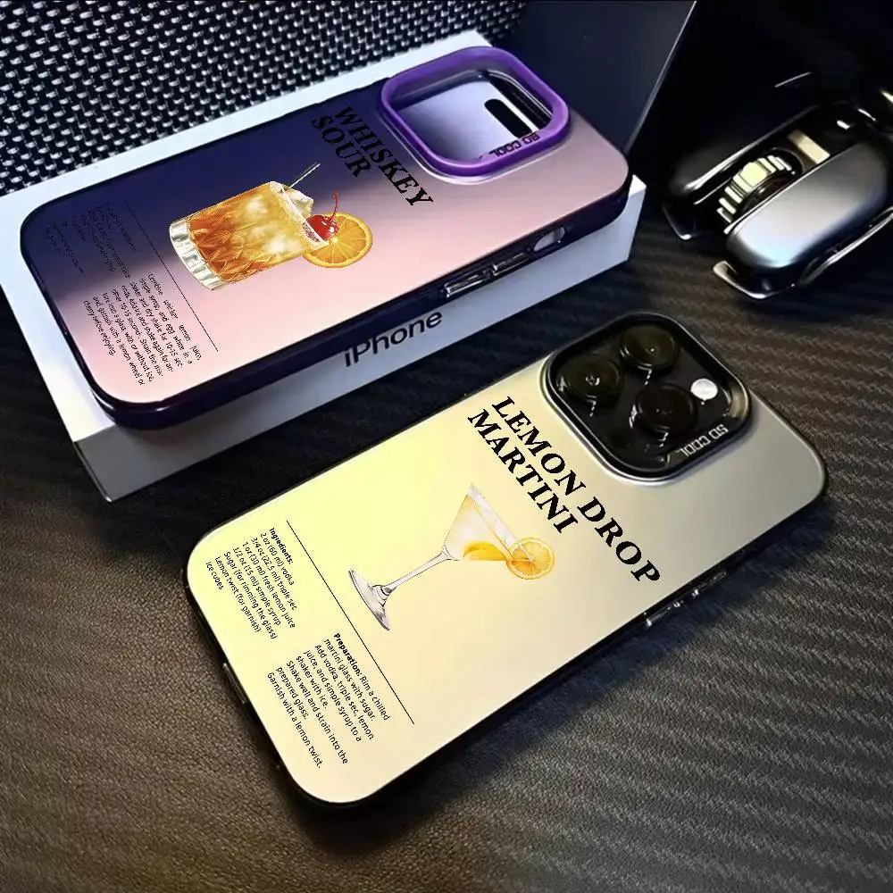 

Fishion Cocktail Wine Introduction Phone Case For IPhone 16 15 14 13 12 11 Pro Max Black Matte Multicolor Laser Aurora Funda