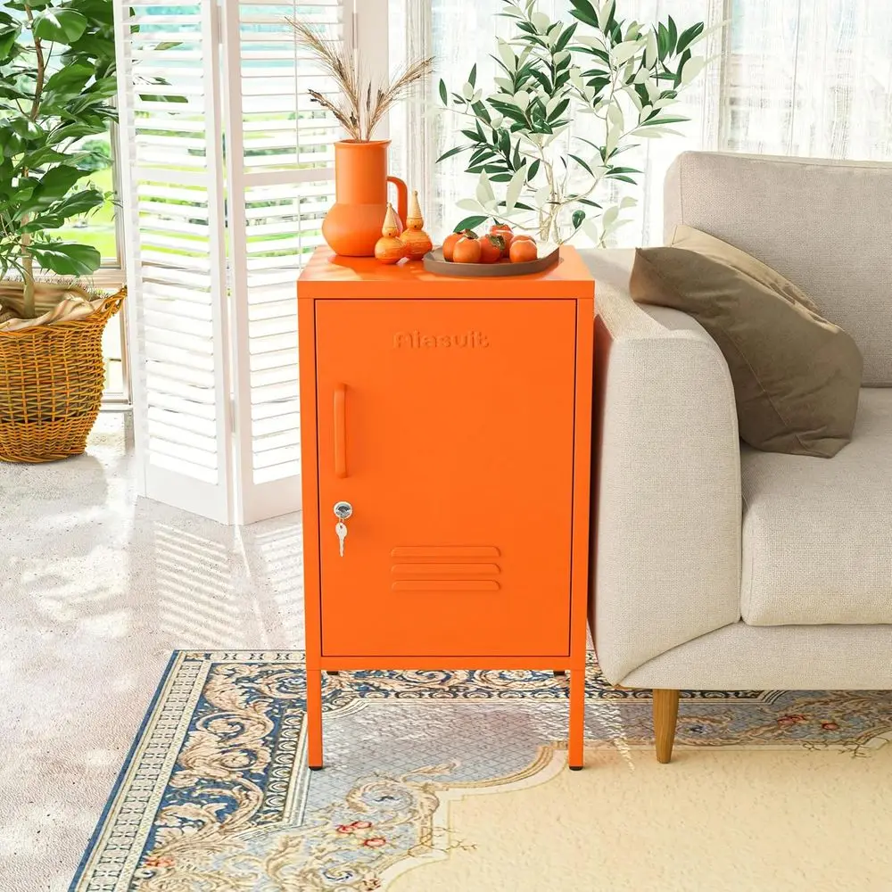 Single Door Lockable Metal End Table with Storage Cabinet, 2-Tier Children's Nightstand with Adjustable Shel, Easy Assembly Side view 2