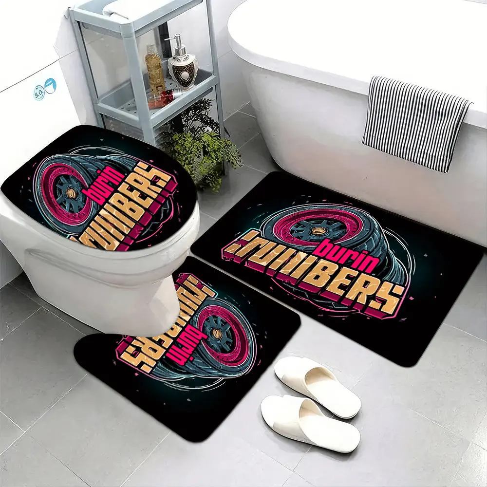 

3pcs Super Soft Bathroom Floor Mats Set, Non-slip Backing, Logo In A Futuristic Style with The Text Burnin Rubber Wheels St Prin
