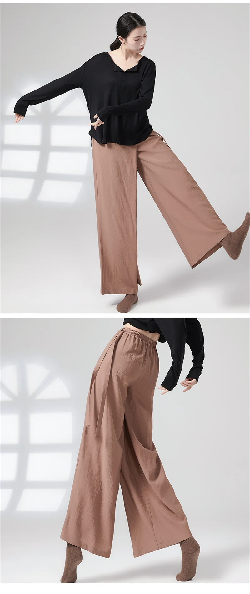 Damen-Tanzhose aus Viskose mit weitem Bein, atmungsaktive, fließende Übungshose mit Taillenband, bequeme, lockere, lässige, moderne Tanzhose – Detail 2