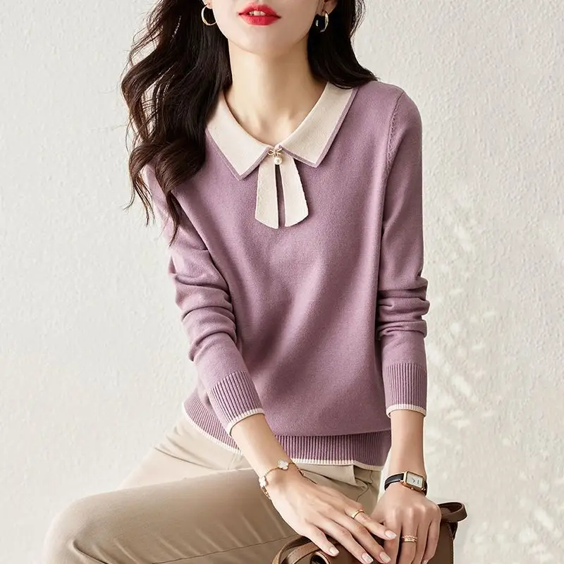 

Women's Solid Color Bow Sweaters 2023 Autumn Winter Pearl Three-dimensional Decoration Commute Spliced Peter Pan Collar Jumpers