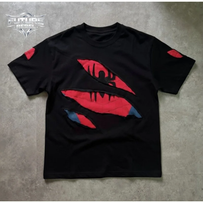 Mens T Shirt Y2K Spider Embroidery Patch Tee Harajuku Unisex Loose Fit Crew Neck Short Sleeve Streetwear Fashion Trend Arrival