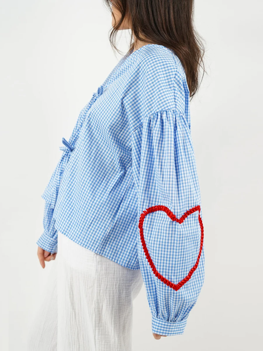 Camisa de manga larga abombada para mujer, Top holgado con lazo a cuadros, cuello en V, lazo frontal abierto, s Gingham Heart