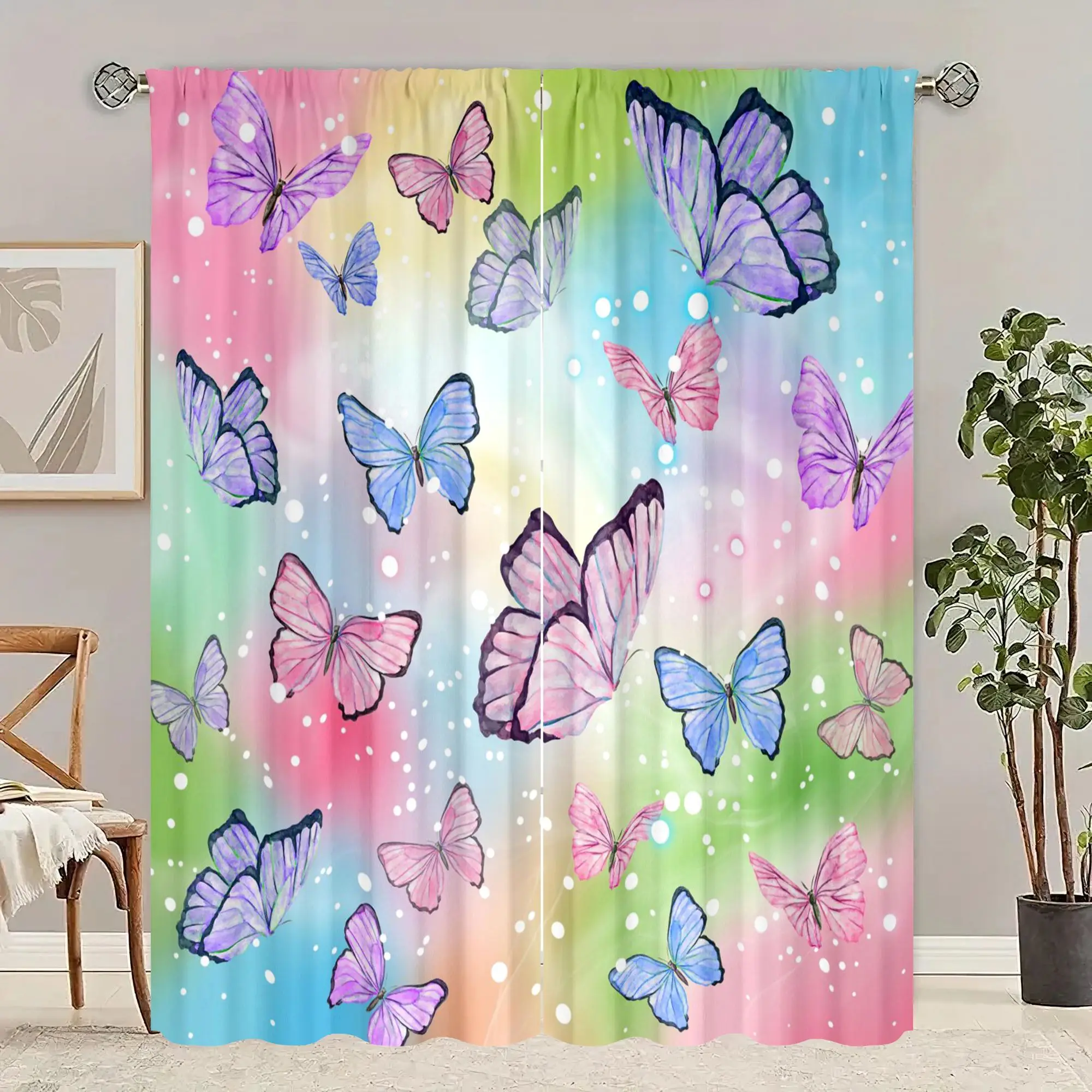 2 pieces - Butterfly - printed curtain - polyester material - for bedroom living room study anti-privacy curtain