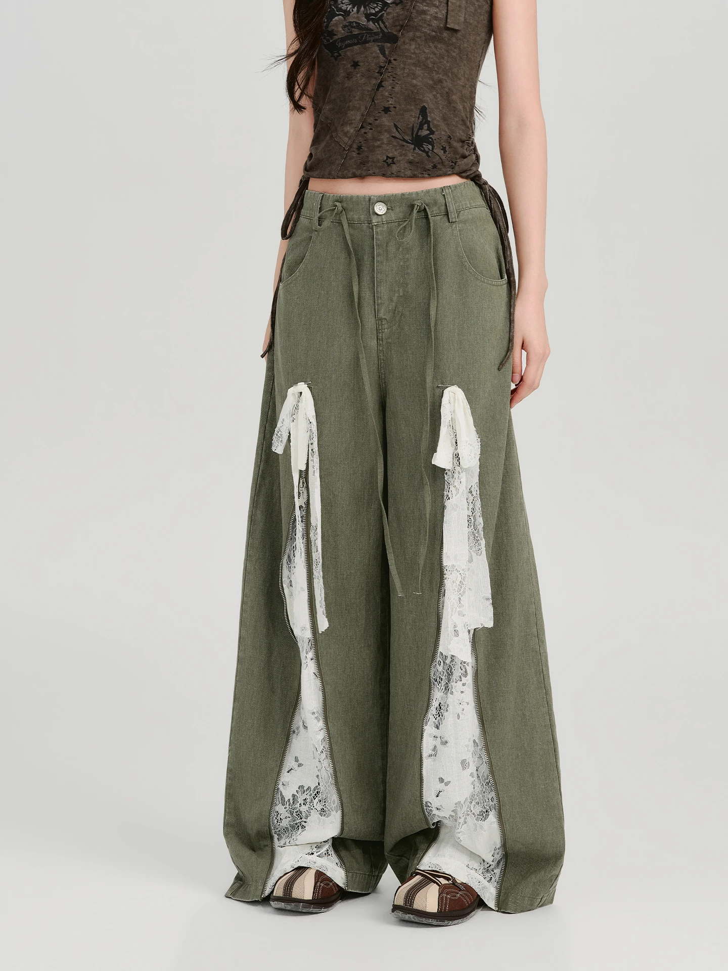 Girlyhalo American Retro Lace Splicing Casual Pants Women Summer New Design Loose Wide Leg Long Trousers Casual Wide Leg Pants