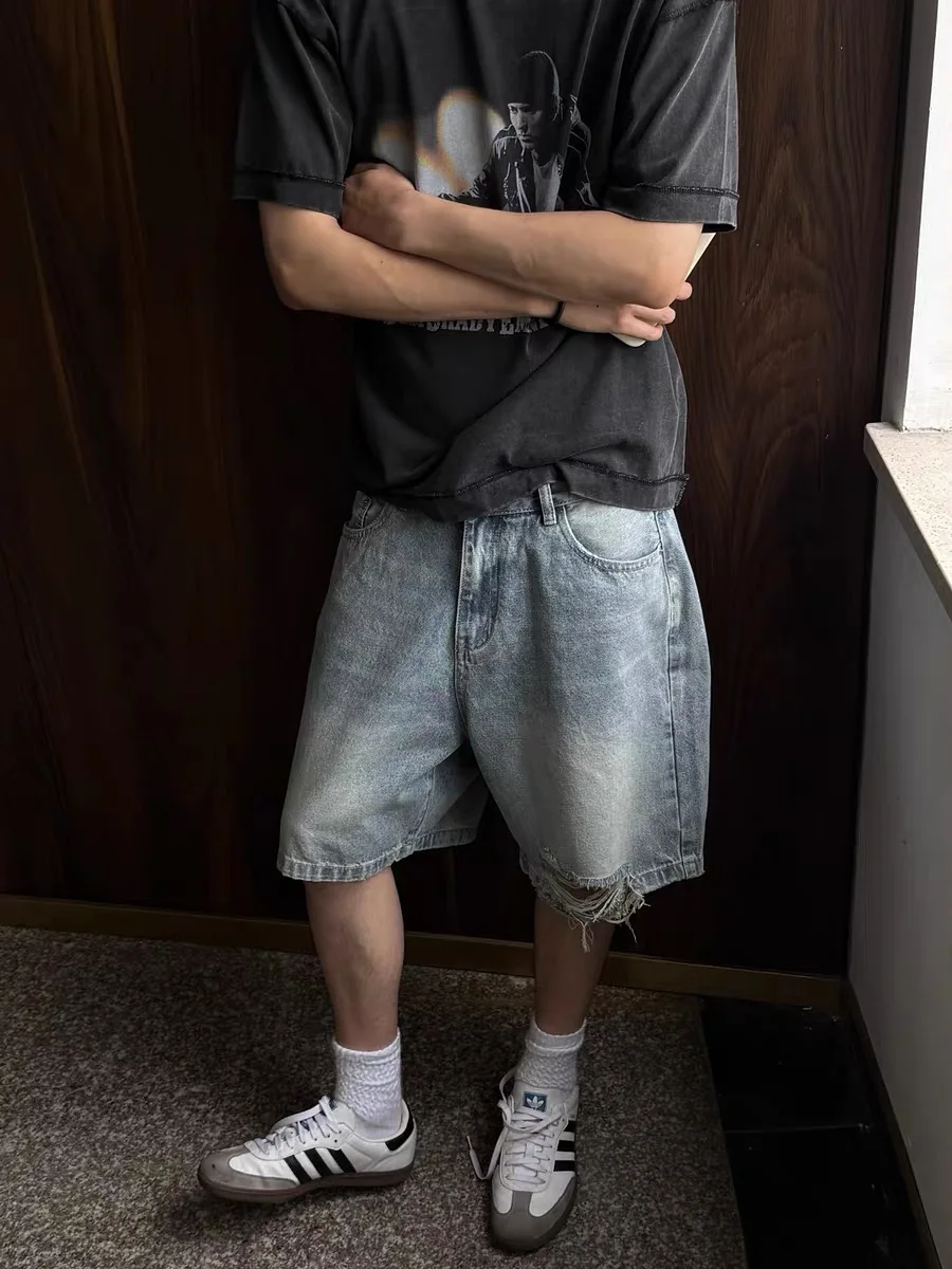 

Джинсы ручной работы с дырками в стиле ретро, мужские летние повседневные свободные брюки с пятью точками, дышащие джинсовые брюки с высокой талией