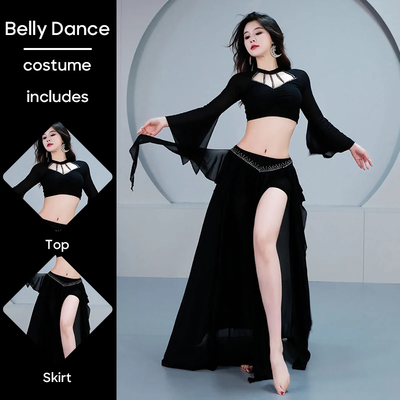 ชุดเต้นระบำหน้าท้อง เสื้อ+กระโปรง ชุดแสดงสำหรับผู้หญิง ชุดฝึกซ้อมการแสดงบนเวที เสื้อผ้าเต้นรำ ชุดคอสตูม